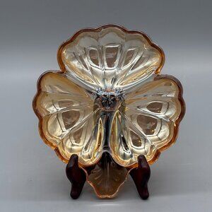 Jeannette Glass Doric Carnival Glass Candy Dish Handle Pansy Shape Serving Bowl